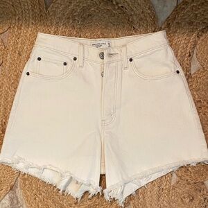 Abercrombie & Fitch Cream High-Rise Frayed-Hem Denim Shorts